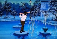 かたや池の飛び石で素振り中